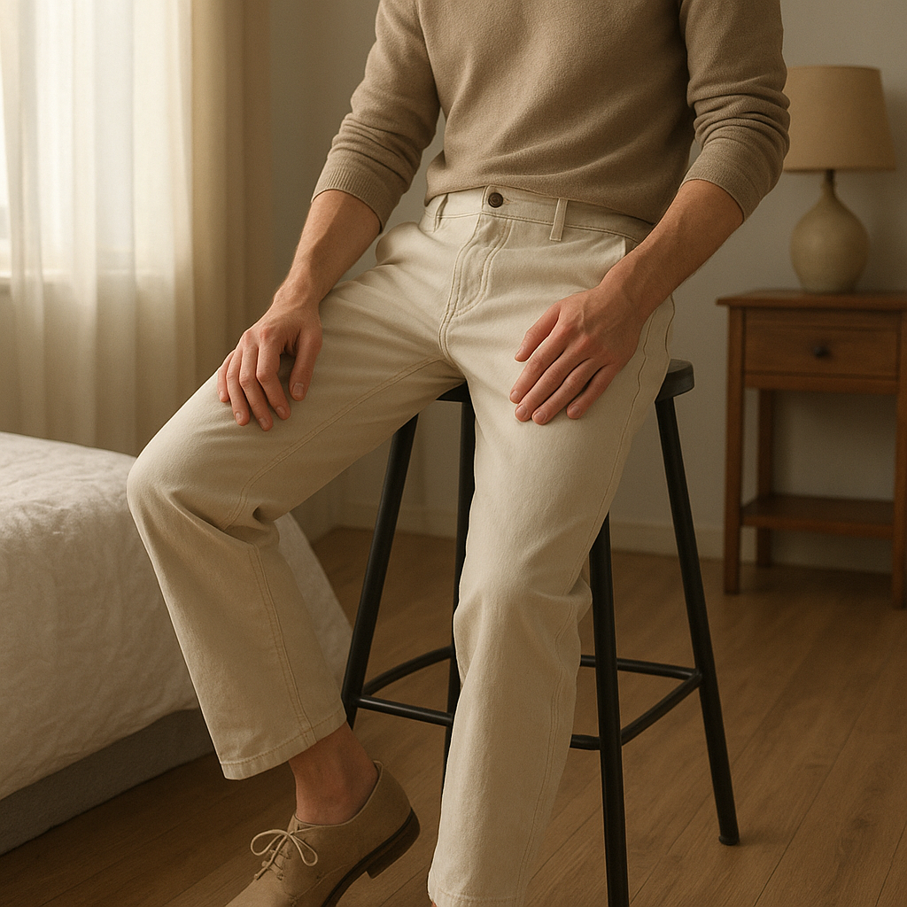 Une personne en Pantalon beige slim fit assis sur une chaise haute, avec une posture détendue, avec une silhouette fine, dans une chambre à la lumière douce, avec une lumière naturelle filtrant par la fenêtre.