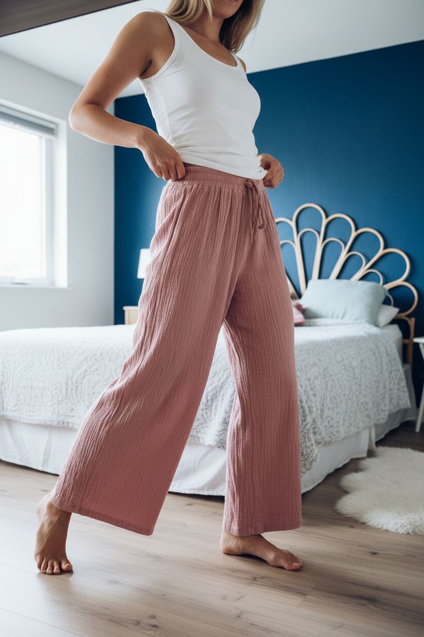 Une personne en Pantalon fluide vieux rose SheIn cambrant légèrement le dos pour une pose dynamique, dans une chambre à la lumière douce, avec une lumière naturelle filtrant par la fenêtre.