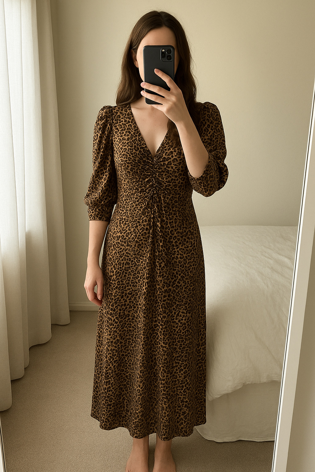 Next jersey animal print dress still with tag with puff rouged sleeves and rouged at bust size 18 standing straight facing the camera, in a softly lit bedroom setting, with gentle natural light filtering through a window.
