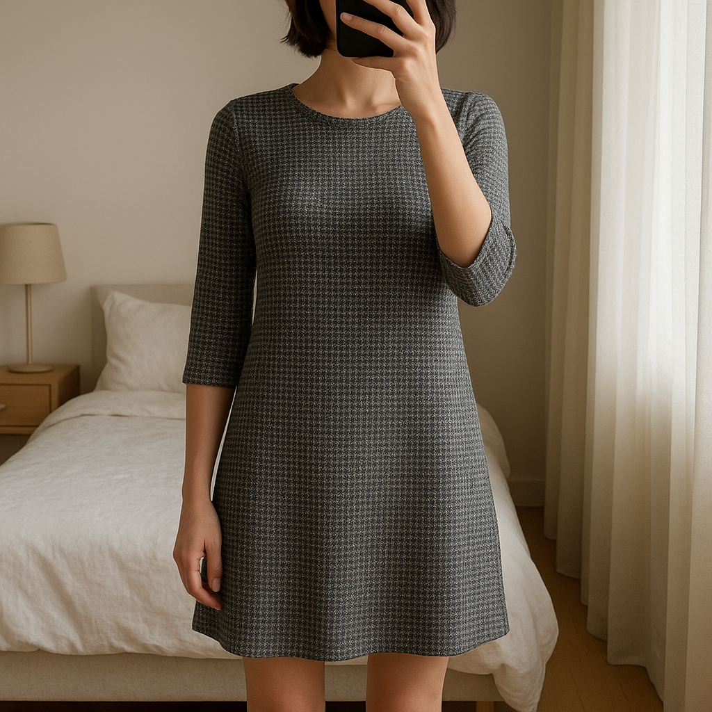 Robe Pied de Poule, fil doré dans la maille - Taille 36/38 Voir Mesures debout, face à la caméra, dans une chambre à la lumière douce, avec une lumière naturelle filtrant par la fenêtre.