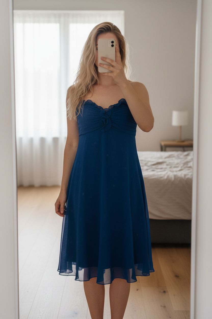 Robe de cocktail bleu taille 42 point mariage debout, face à la caméra, dans une chambre à la lumière douce, avec une lumière naturelle filtrant par la fenêtre.