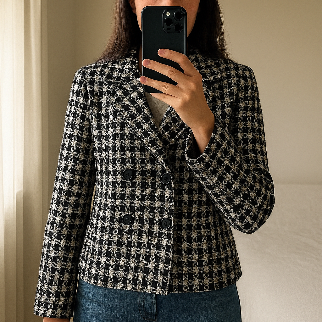 blazer à motif noir et blanc DonaXLisa debout, face à la caméra, dans une chambre à la lumière douce, avec une lumière naturelle filtrant par la fenêtre.