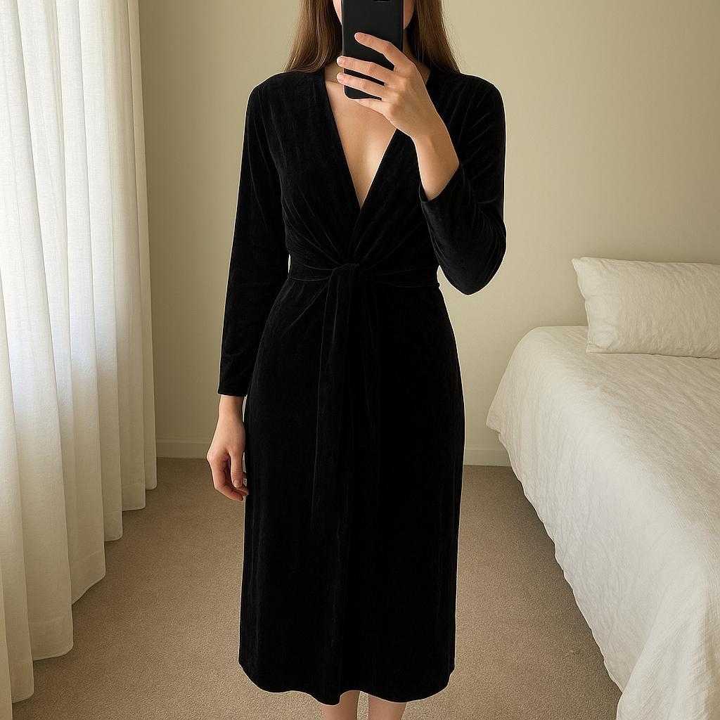Une personne en Robe velours noire Algo Bonito Taille 38 debout, face à la caméra, dans une chambre à la lumière douce, avec une lumière naturelle filtrant par la fenêtre.