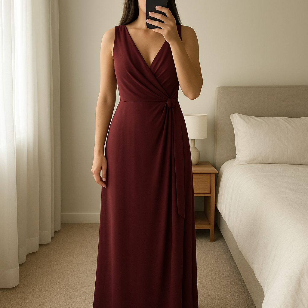 Ralph Lauren Maxi dress, burgundy, size 10 standing straight facing the camera, in a softly lit bedroom setting, with gentle natural light filtering through a window.