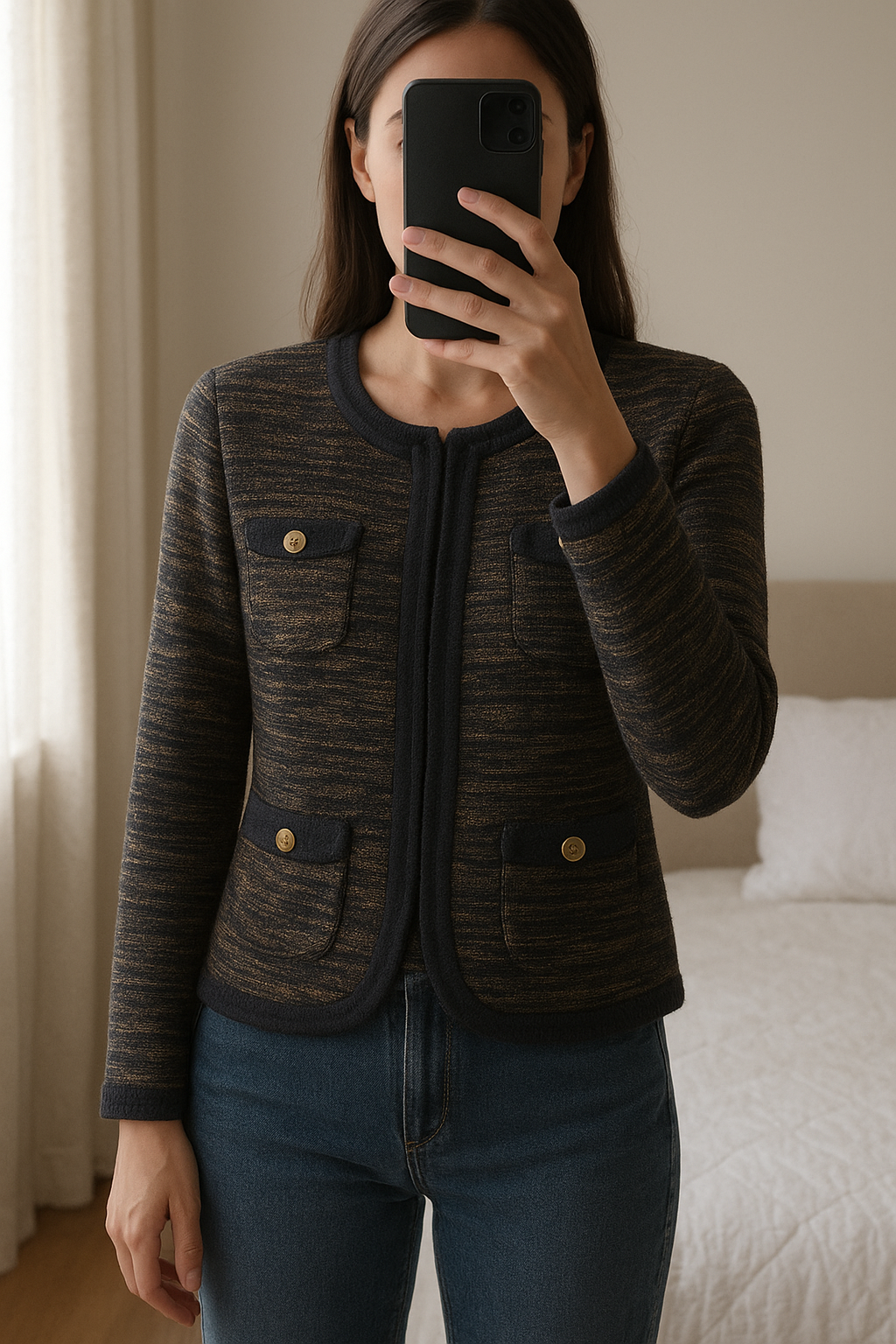 Collarless tailored cardigan/jacket size 10 standing straight facing the camera, in a softly lit bedroom setting, with gentle natural light filtering through a window.