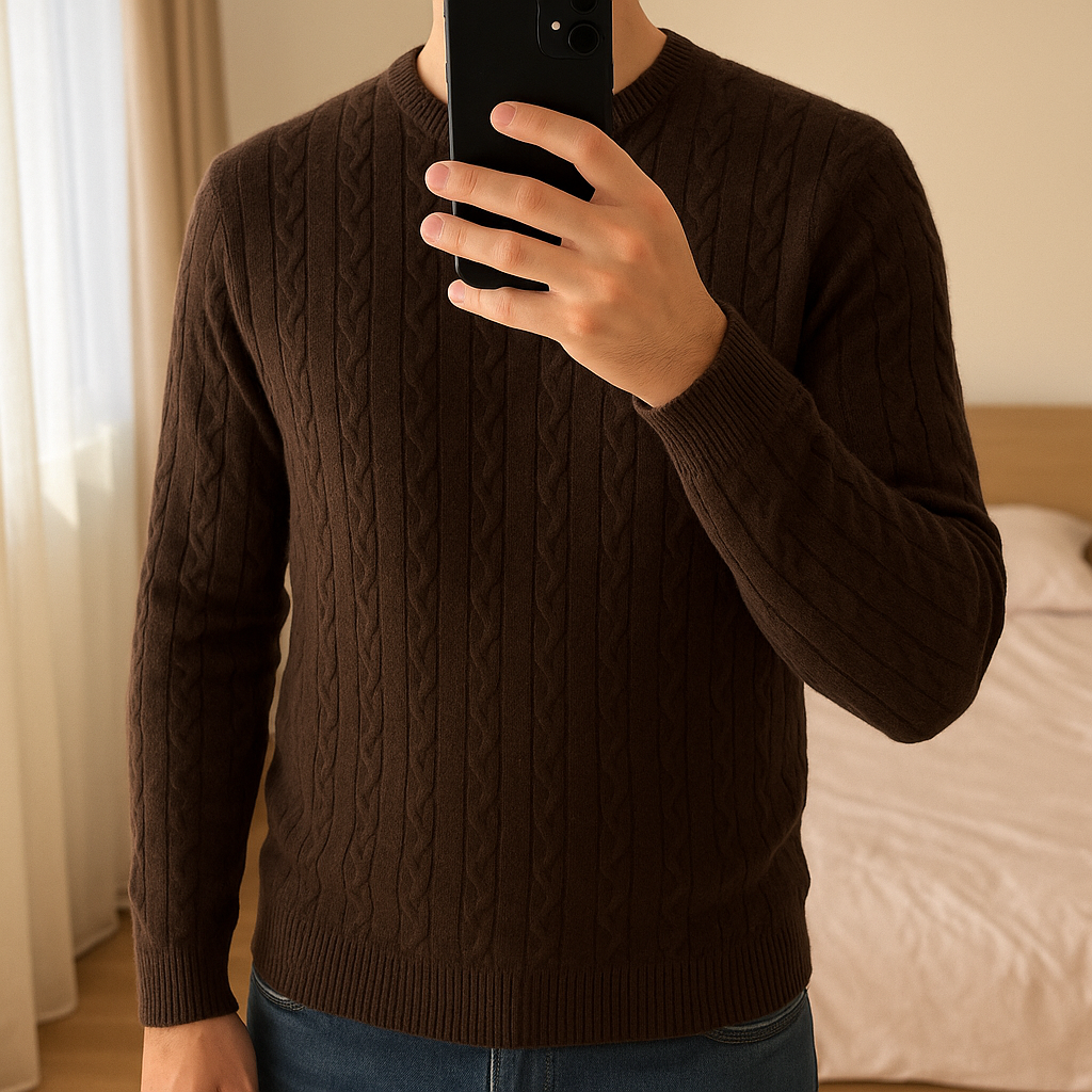 Pull Col Rond Torsadé 100 % Laine Tommy Hilfiger Marron XL debout, face à la caméra, dans une chambre à la lumière douce, avec une lumière naturelle filtrant par la fenêtre.