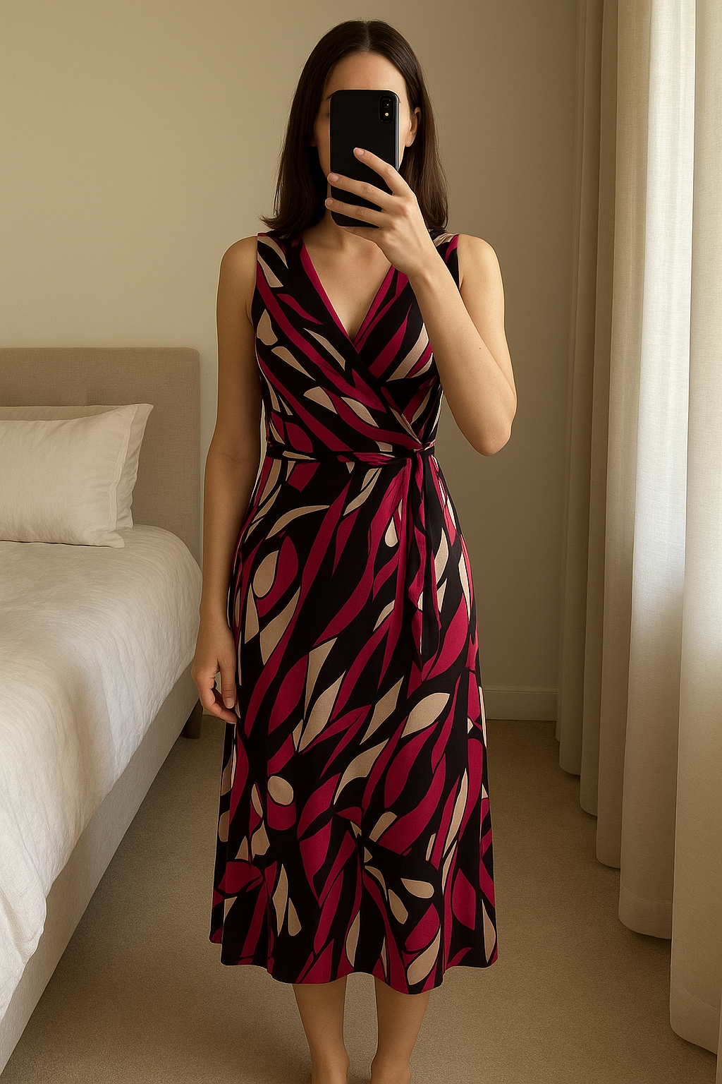 Sleeveless Dress - Principles by Ben de Lisi standing straight facing the camera, in a softly lit bedroom setting, with gentle natural light filtering through a window.