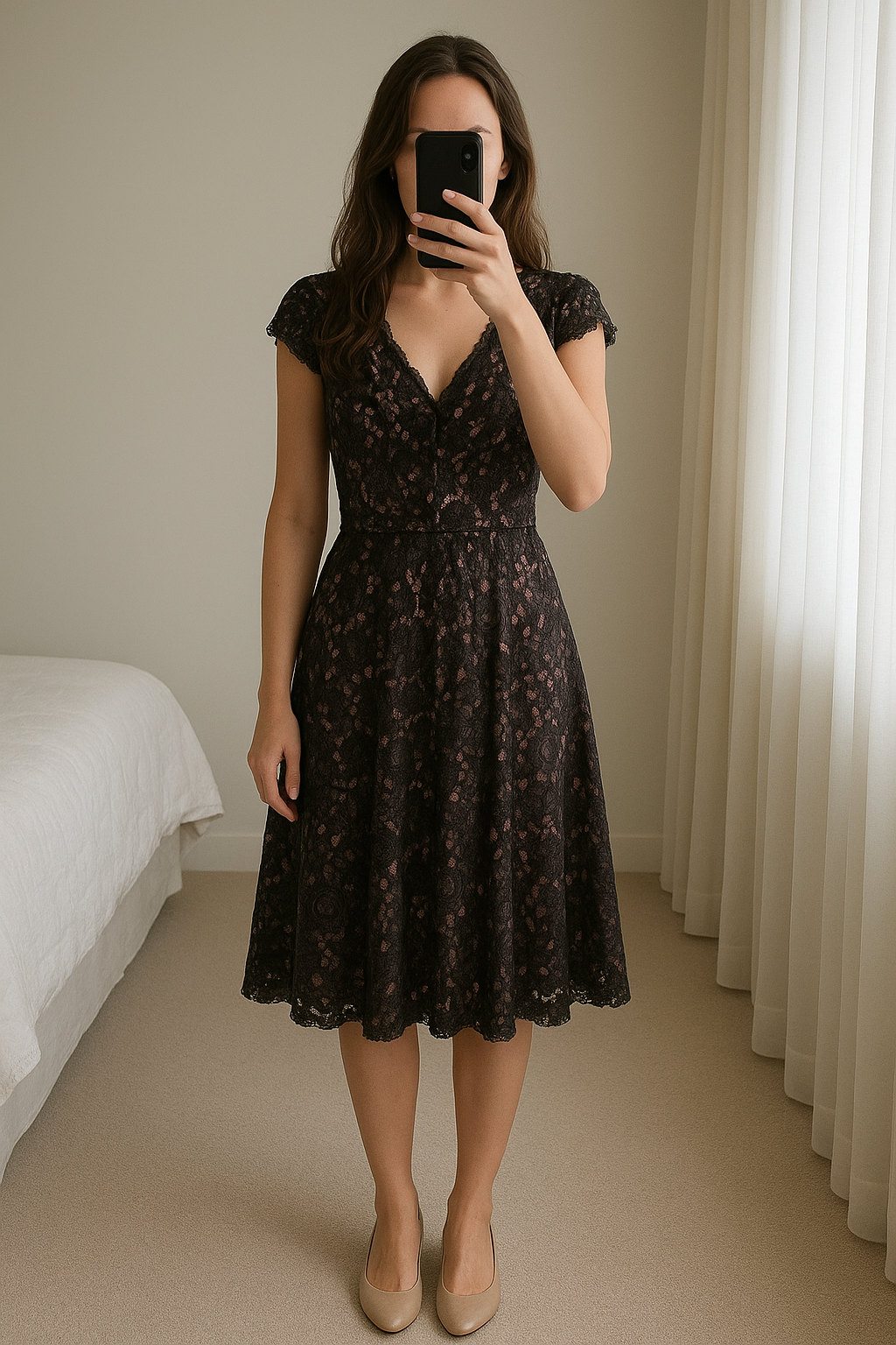 Spitzenkleid Gr.S aufrecht stehend, der Kamera zugewandt, in einem sanft beleuchteten Schlafzimmer, mit natürlichem Licht, das durch ein Fenster fällt.