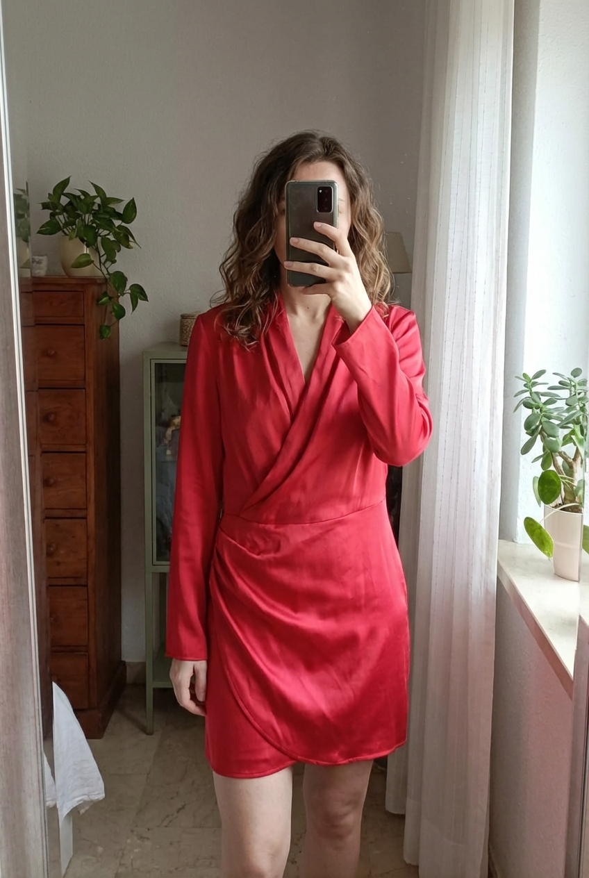 Vestido rojo midi cruzado H&M tipo raso de pie, mirando a la cámara, en un dormitorio con luz suave y natural filtrándose por la ventana.