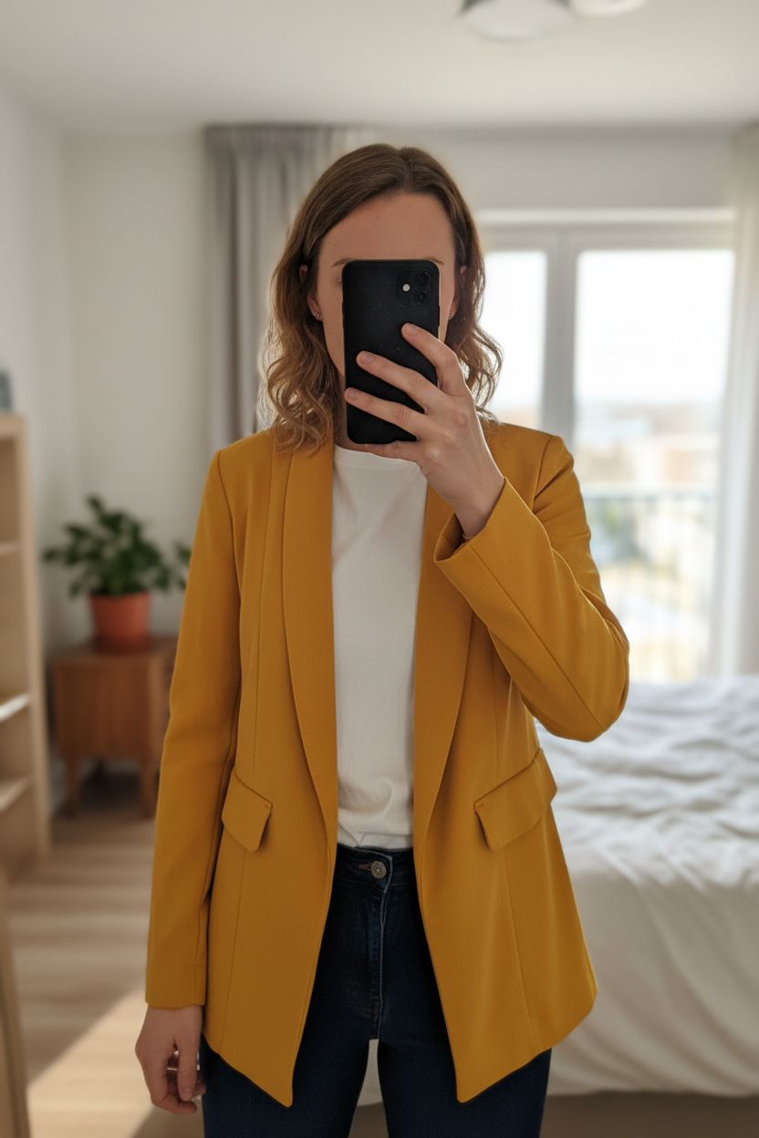 Gilet blazer moutarde grain de malice taille M debout, face à la caméra, dans une chambre à la lumière douce, avec une lumière naturelle filtrant par la fenêtre.