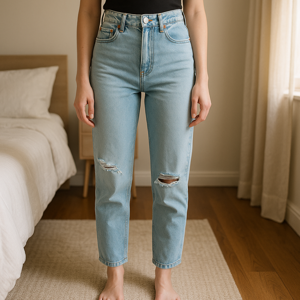 Una persona con Vaqueros Stradivarius rodillas rotas de pie, mirando a la cámara, con tipo de cuerpo delgado, en un dormitorio con luz suave y natural filtrándose por la ventana.