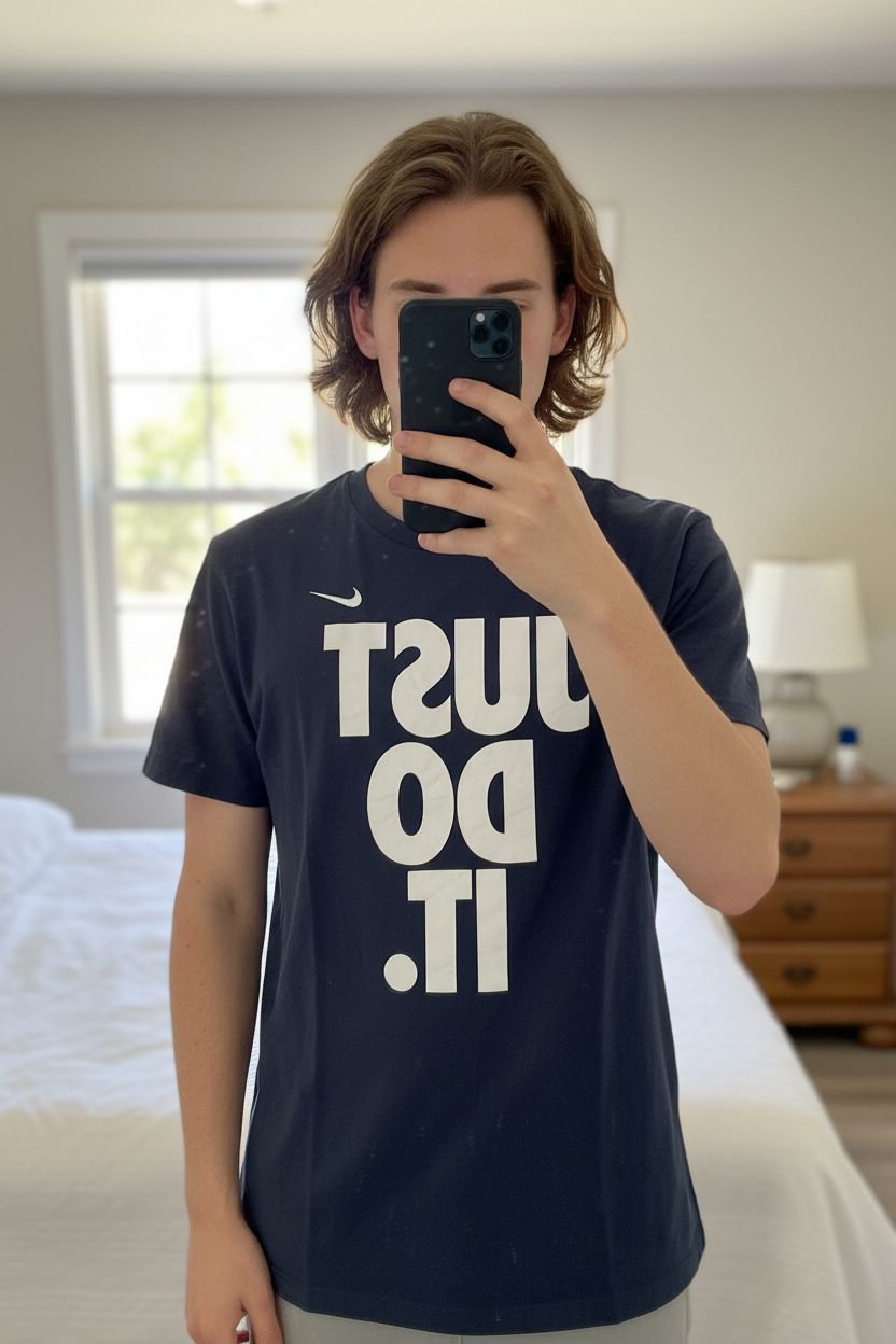 T-shirt Nike debout, face à la caméra, dans une chambre à la lumière douce, avec une lumière naturelle filtrant par la fenêtre.