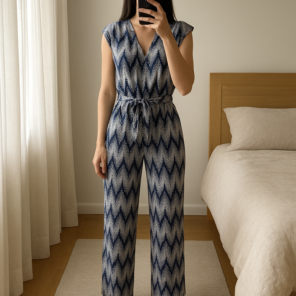 Blue Vanilla Geometric Stretch Crossover V Neck Jumpsuit - Size 10 standing straight facing the camera, in a softly lit bedroom setting, with gentle natural light filtering through a window.