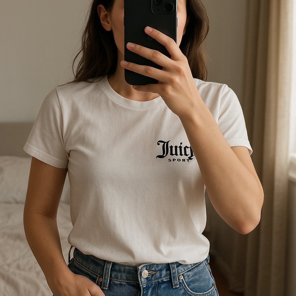 Biele tričko Juicy Couture standing straight facing the camera, in a softly lit bedroom setting, with gentle natural light filtering through a window.