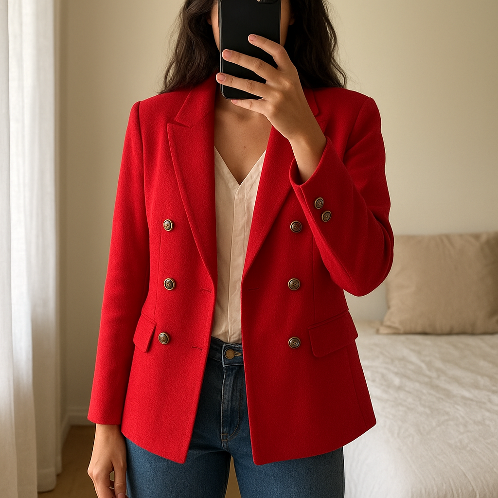 Zara - Red Double breasted Blazer - Size M standing straight facing the camera, in a softly lit bedroom setting, with gentle natural light filtering through a window.
