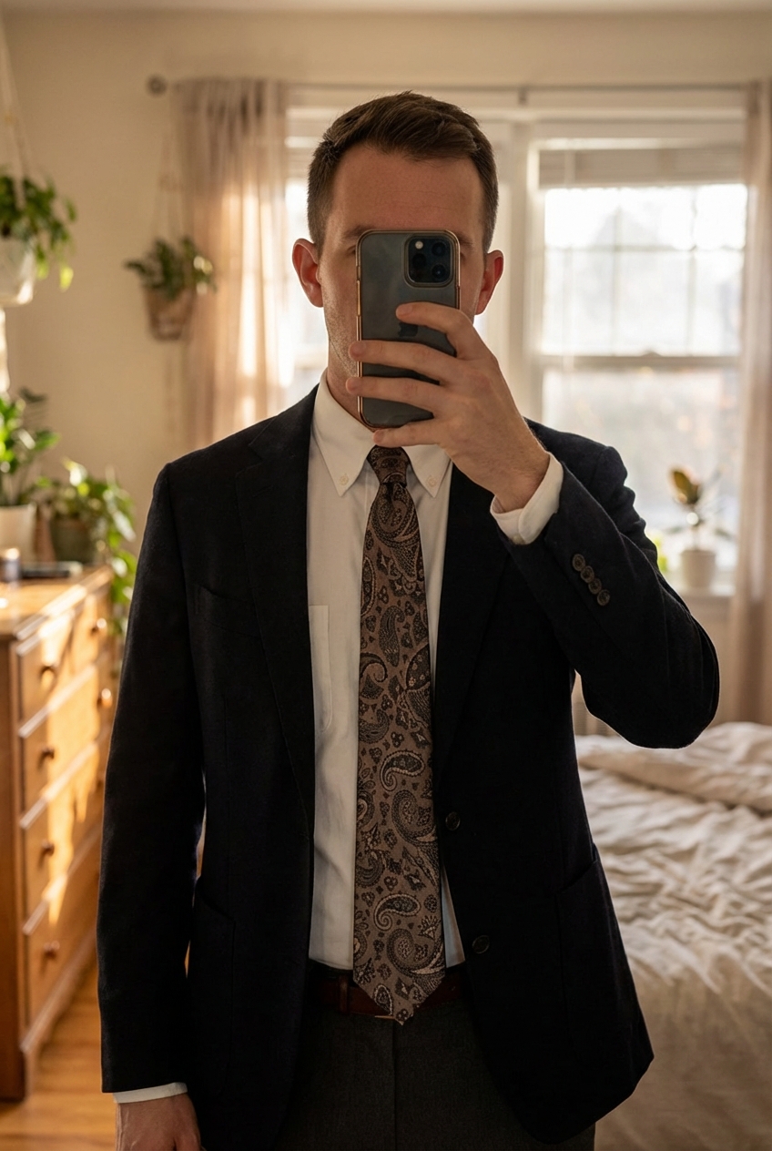 Cravatta elegante a fantasia paisley – Stile classico in piedi, rivolto verso la fotocamera, in una camera da letto con luce soffusa e luce naturale che filtra dalla finestra.