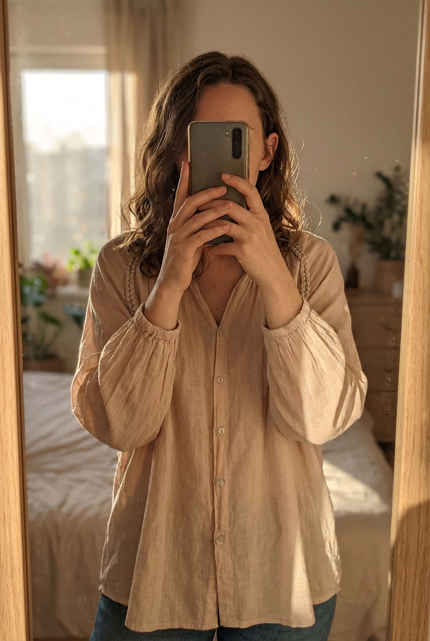 Ravissante blouse neuve debout, face à la caméra, dans une chambre à la lumière douce, avec une lumière naturelle filtrant par la fenêtre.