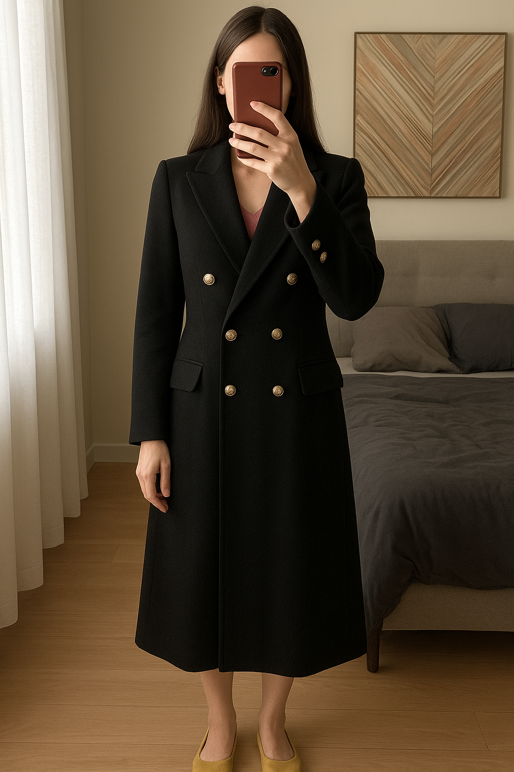 manteau stradivarius debout, face à la caméra, dans une chambre à la lumière douce, avec une lumière naturelle filtrant par la fenêtre.
