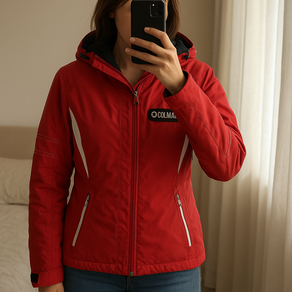 Manteau de montagne femme taille M marque colmar debout, face à la caméra, dans une chambre à la lumière douce, avec une lumière naturelle filtrant par la fenêtre.