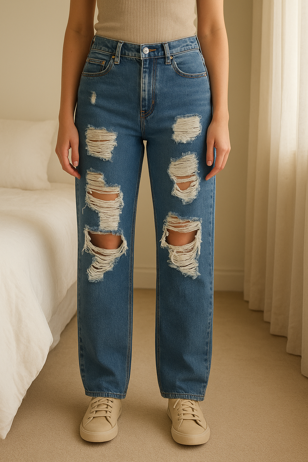 Jean BDG Mom High-Rise déchiré 👖 debout, face à la caméra, dans une chambre à la lumière douce, avec une lumière naturelle filtrant par la fenêtre.