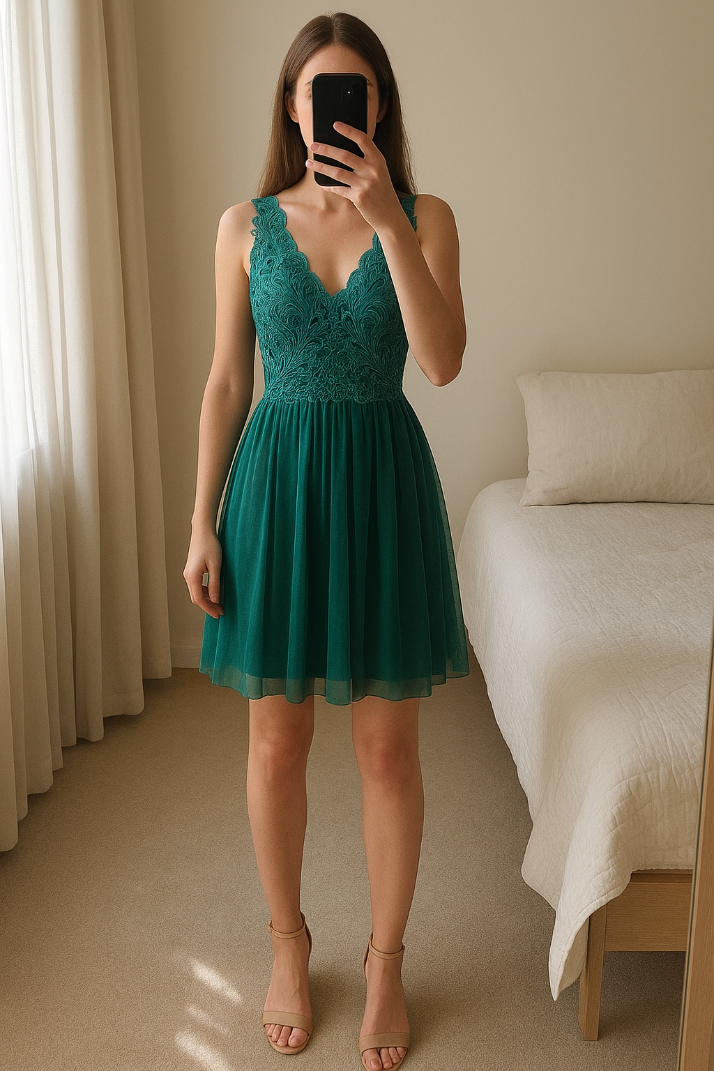 Abito midi elegante verde smeraldo, taglia S, Made in Italy in piedi, rivolto verso la fotocamera, in una camera da letto con luce soffusa e luce naturale che filtra dalla finestra.