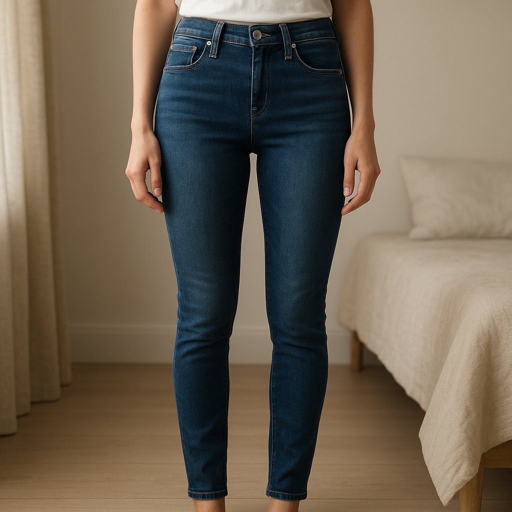 Jean Levi's 720 taille 14 ans debout, face à la caméra, dans une chambre à la lumière douce, avec une lumière naturelle filtrant par la fenêtre.