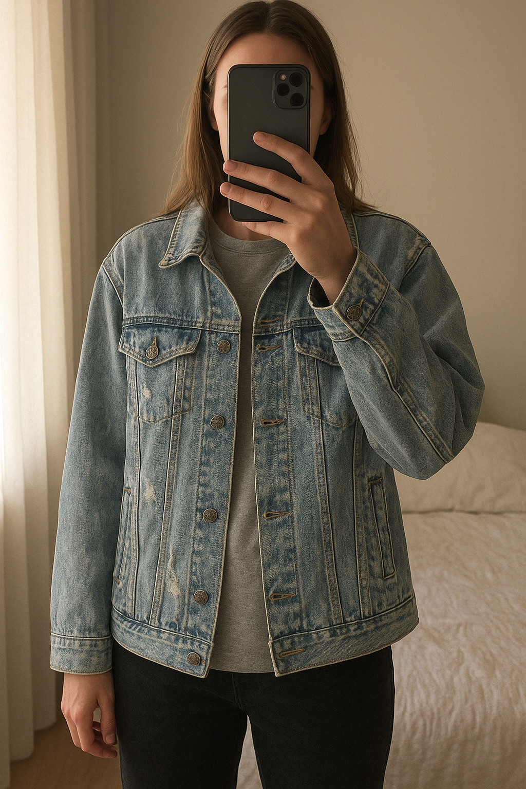 Veste en jean kiabi debout, face à la caméra, dans une chambre à la lumière douce, avec une lumière naturelle filtrant par la fenêtre.