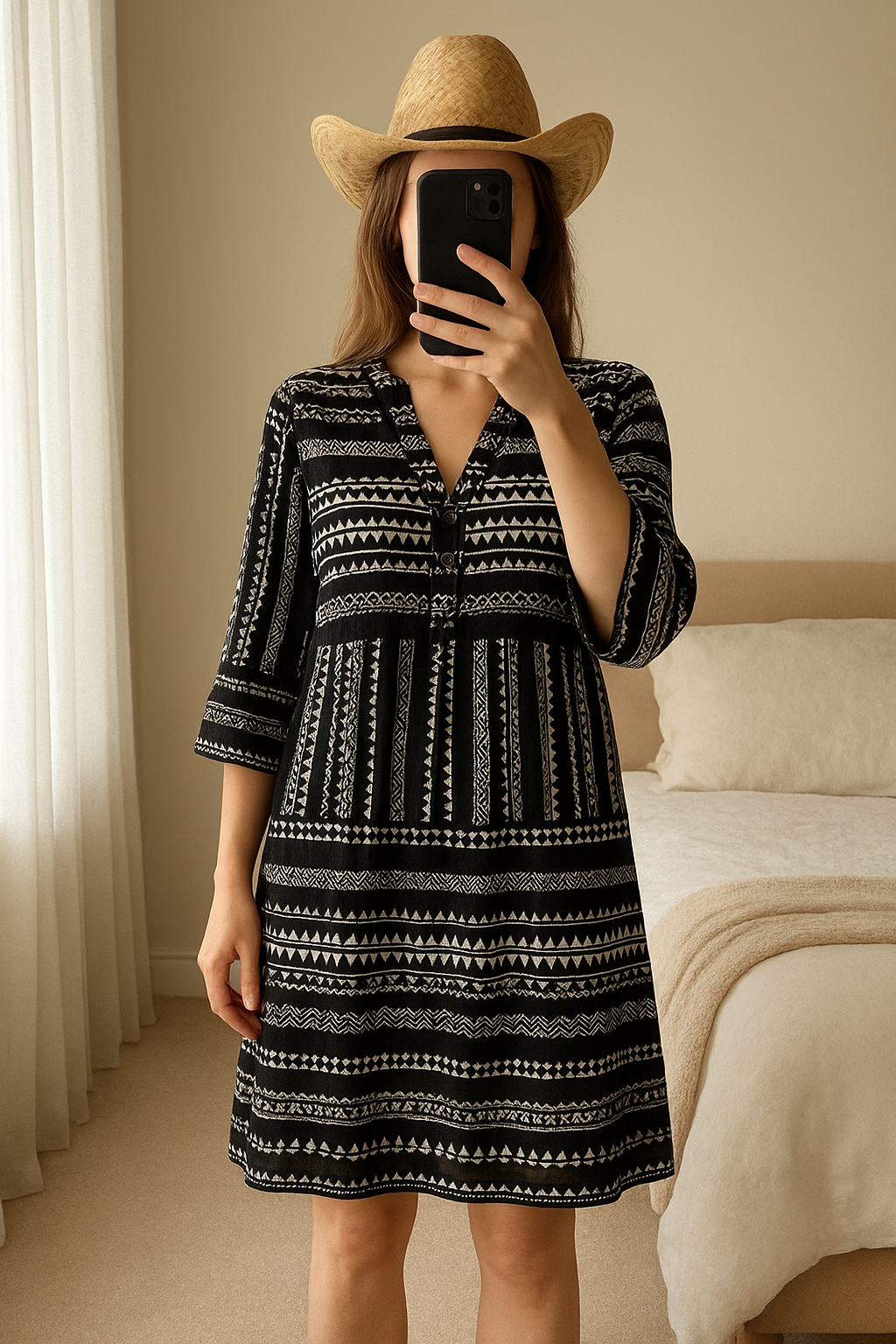 Robe ethnique debout, face à la caméra, dans une chambre à la lumière douce, avec une lumière naturelle filtrant par la fenêtre.