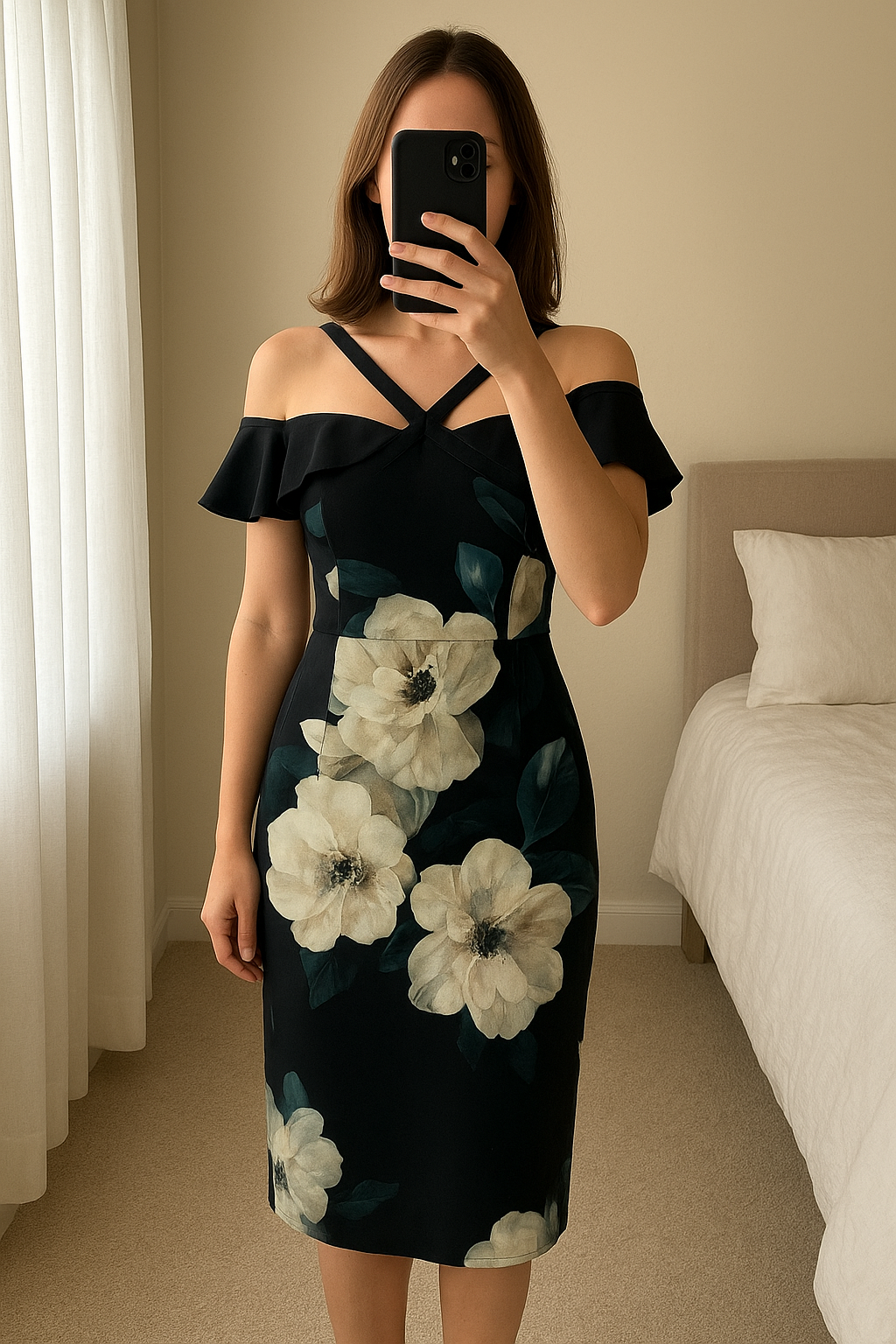 Floral off shoulder occasion dress standing straight facing the camera, in a softly lit bedroom setting, with gentle natural light filtering through a window.