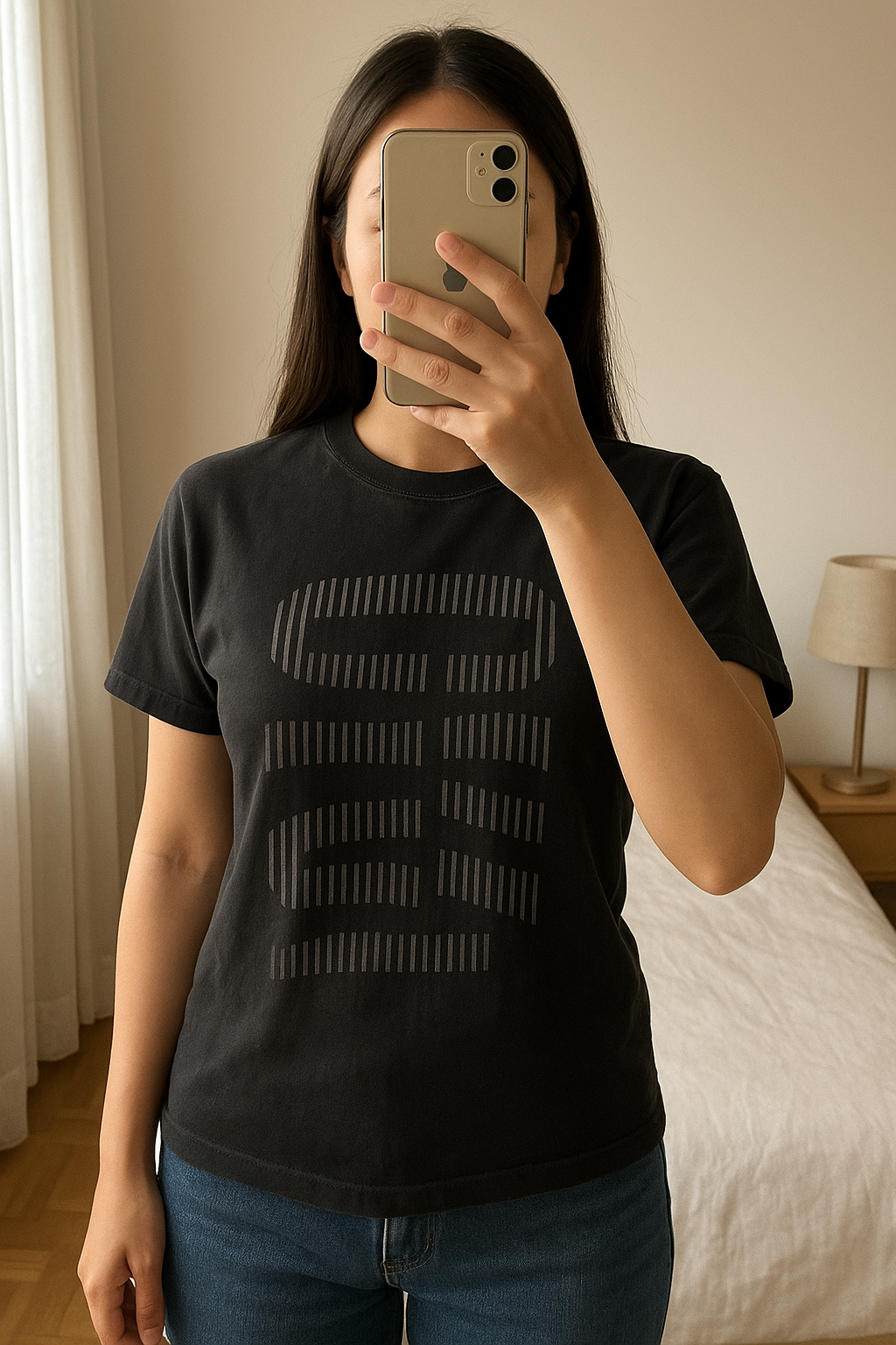T-shirt noir Gymshark debout, face à la caméra, dans une chambre à la lumière douce, avec une lumière naturelle filtrant par la fenêtre.