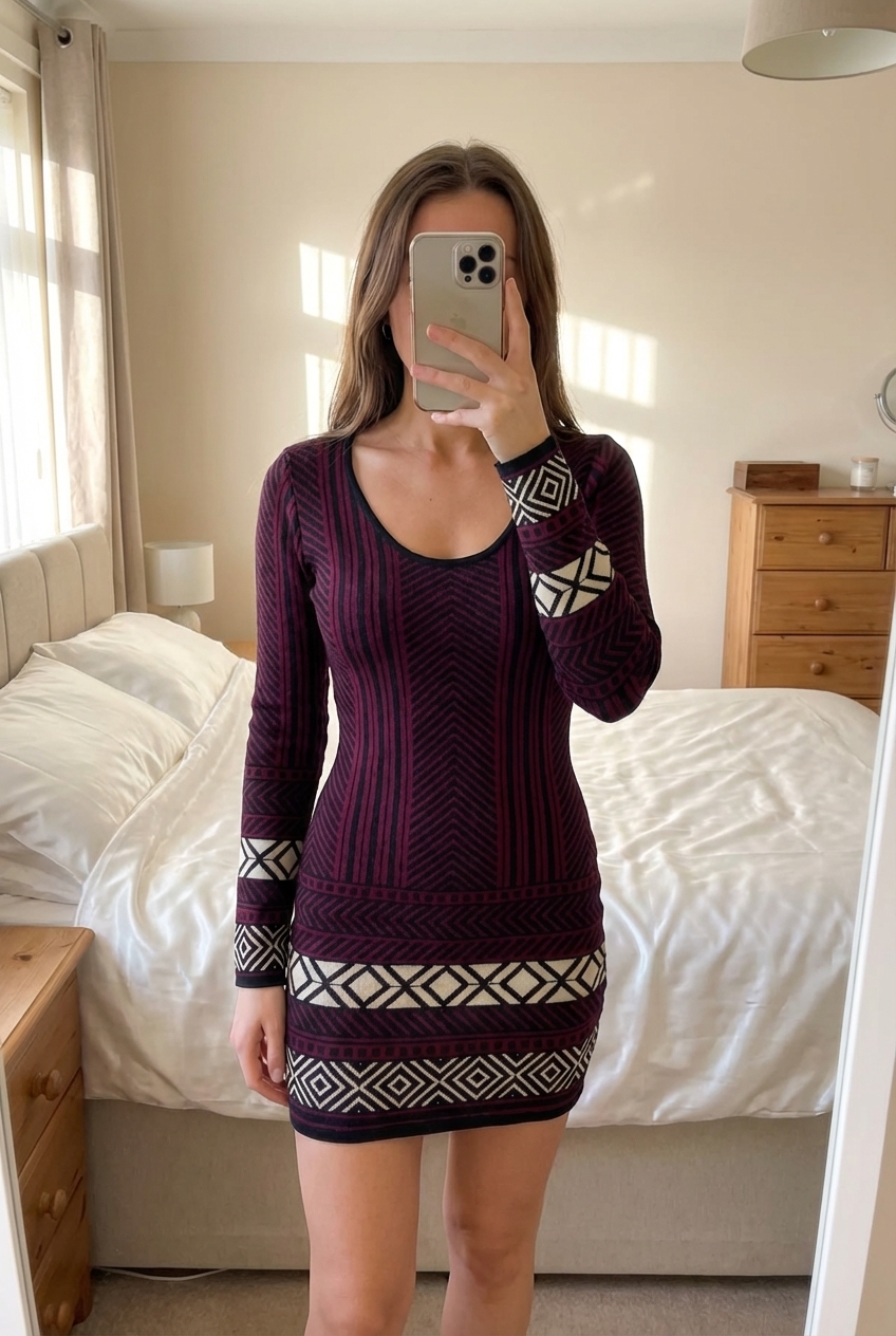 Robe bordeaux Mim taille M debout, face à la caméra, dans une chambre à la lumière douce, avec une lumière naturelle filtrant par la fenêtre.