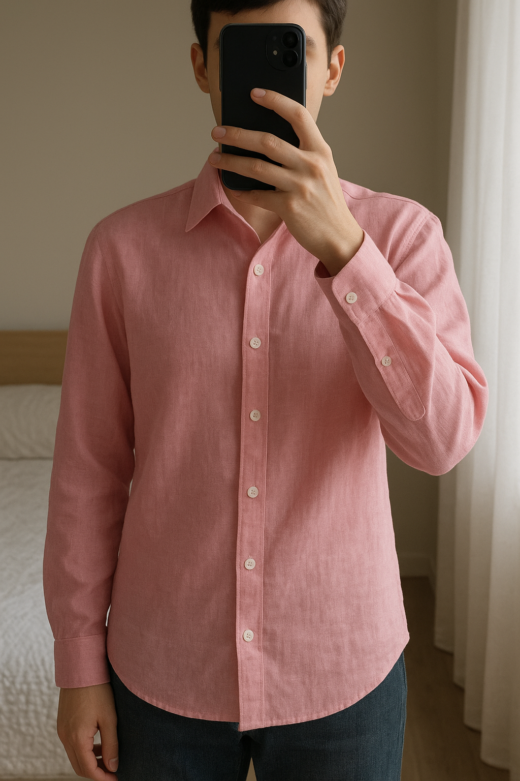 Kiton Leinenhemd Rosa aufrecht stehend, der Kamera zugewandt, in einem sanft beleuchteten Schlafzimmer, mit natürlichem Licht, das durch ein Fenster fällt.