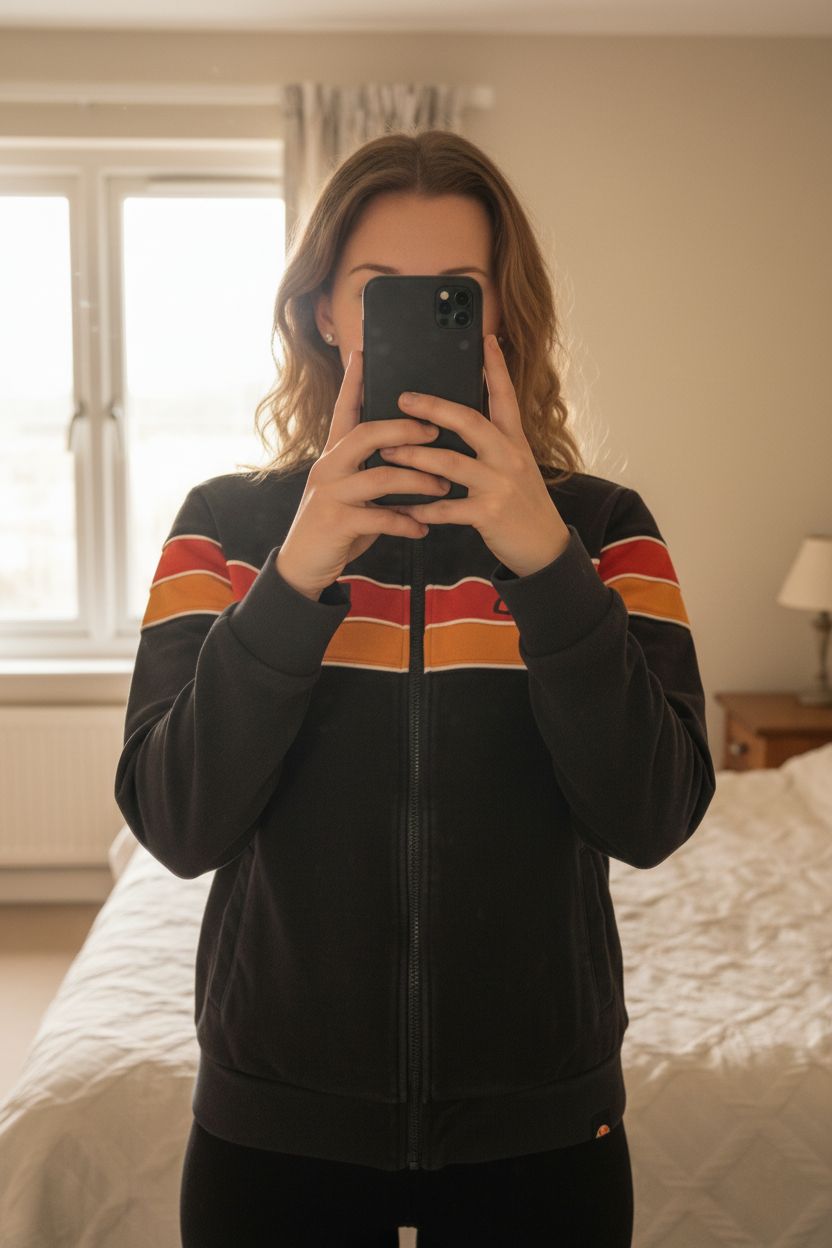 Giacca Track Ellesse Rimini - 14 Anni (Ottima anche come XS Donna) in piedi, rivolto verso la fotocamera, in una camera da letto con luce soffusa e luce naturale che filtra dalla finestra.