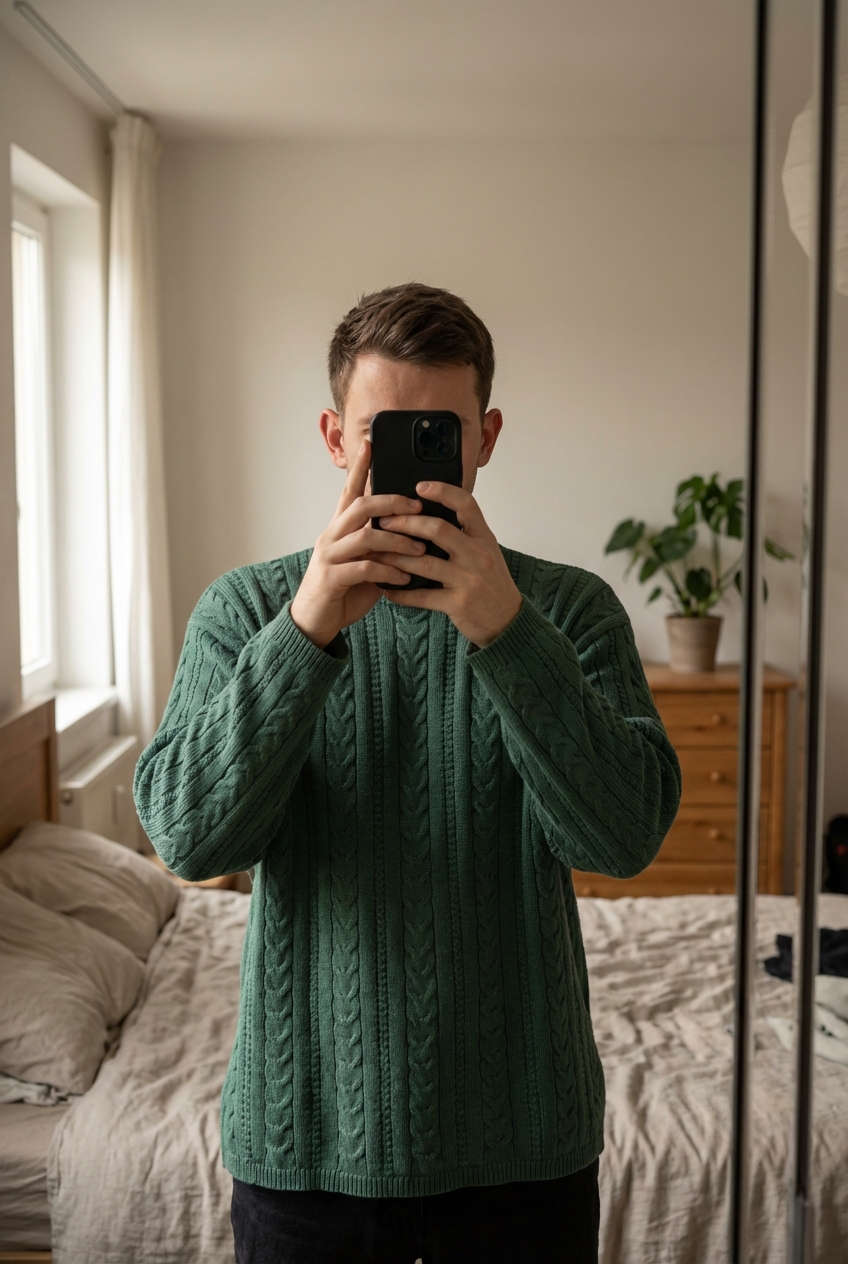 Pull Torsadé Col Rond Vintage Y2K 100% Coton GAP Vert L debout, face à la caméra, dans une chambre à la lumière douce, avec une lumière naturelle filtrant par la fenêtre.