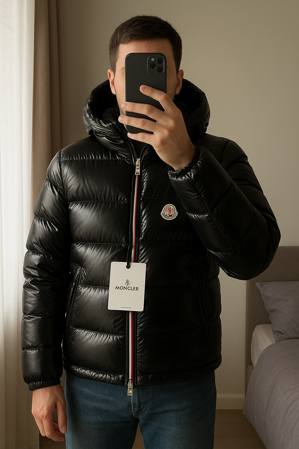 Doudoune Moncler Montbéliard Taille 3 Noire pour l'hiver debout, face à la caméra, dans une chambre à la lumière douce, avec une lumière naturelle filtrant par la fenêtre.