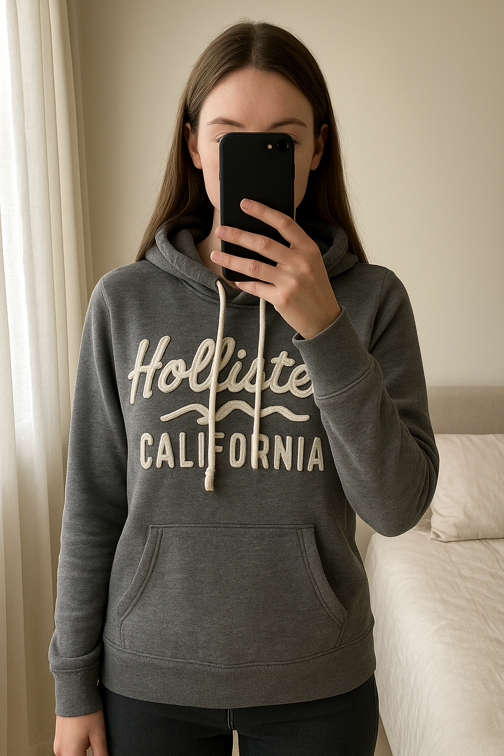 Sweat à capuche gris Hollister California - Taille M debout, face à la caméra, dans une chambre à la lumière douce, avec une lumière naturelle filtrant par la fenêtre.