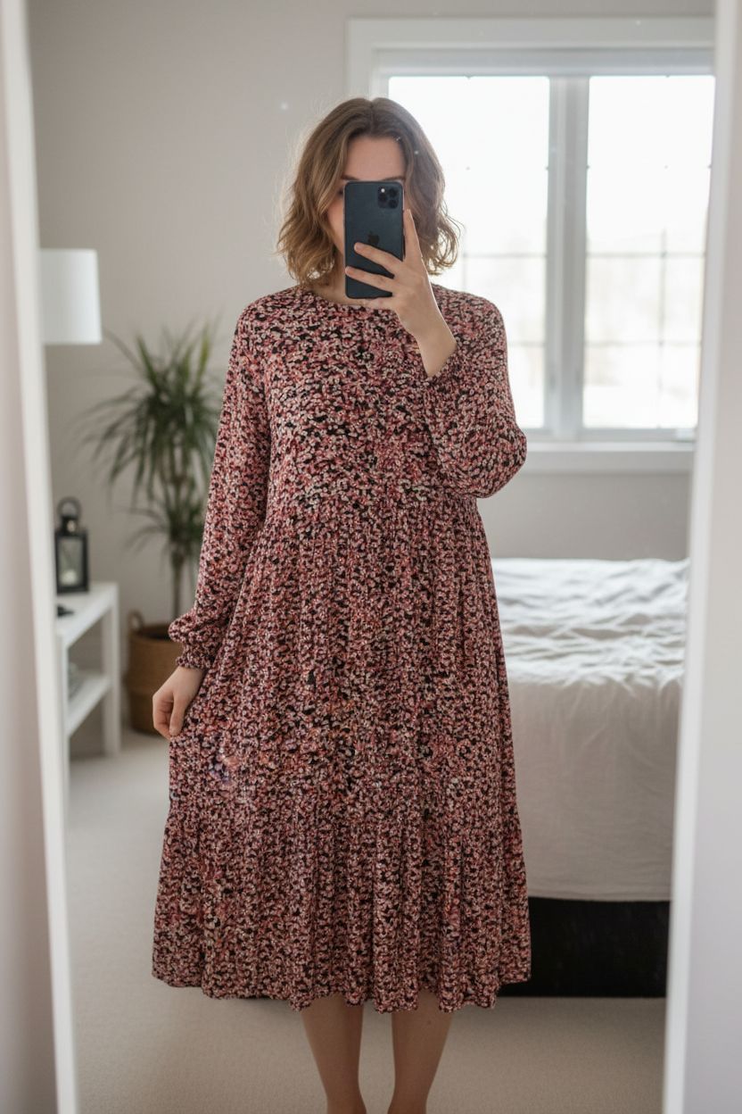 Robe H&M debout, face à la caméra, dans une chambre à la lumière douce, avec une lumière naturelle filtrant par la fenêtre.