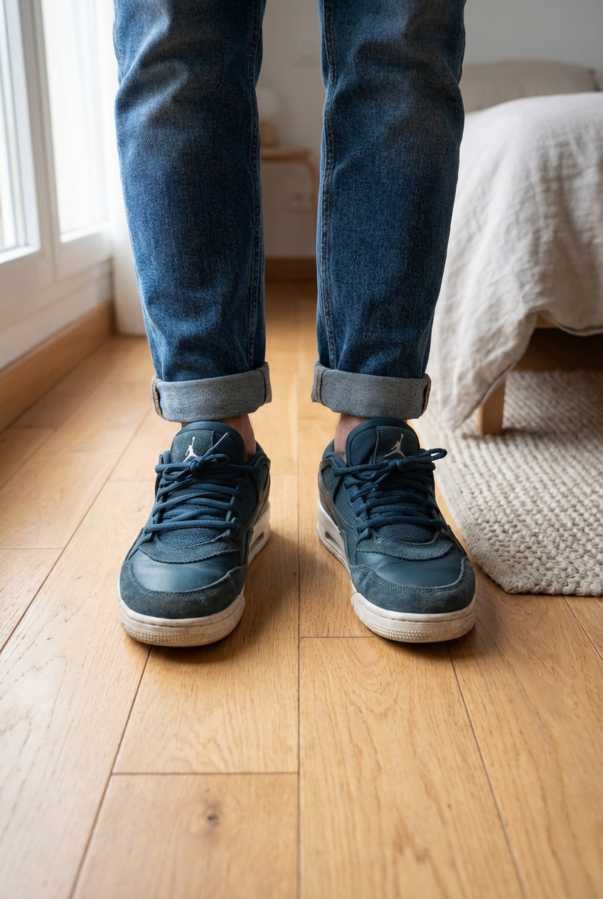 Jordan vertes 38 debout, face à la caméra, dans une chambre à la lumière douce, avec une lumière naturelle filtrant par la fenêtre.