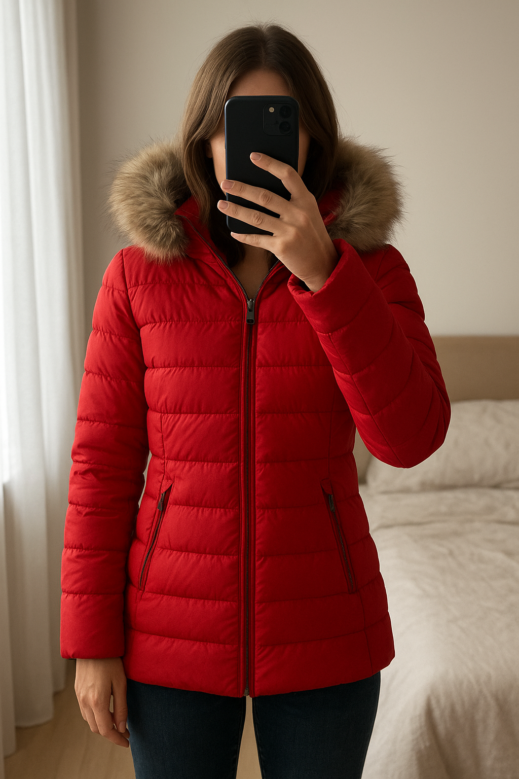 Doudoune rouge Tommy Hilfiger debout, face à la caméra, dans une chambre à la lumière douce, avec une lumière naturelle filtrant par la fenêtre.