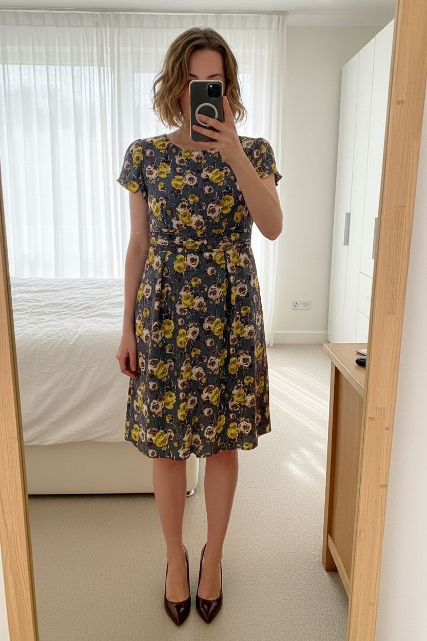Boden Floral Dress standing straight facing the camera, in a softly lit bedroom setting, with gentle natural light filtering through a window.