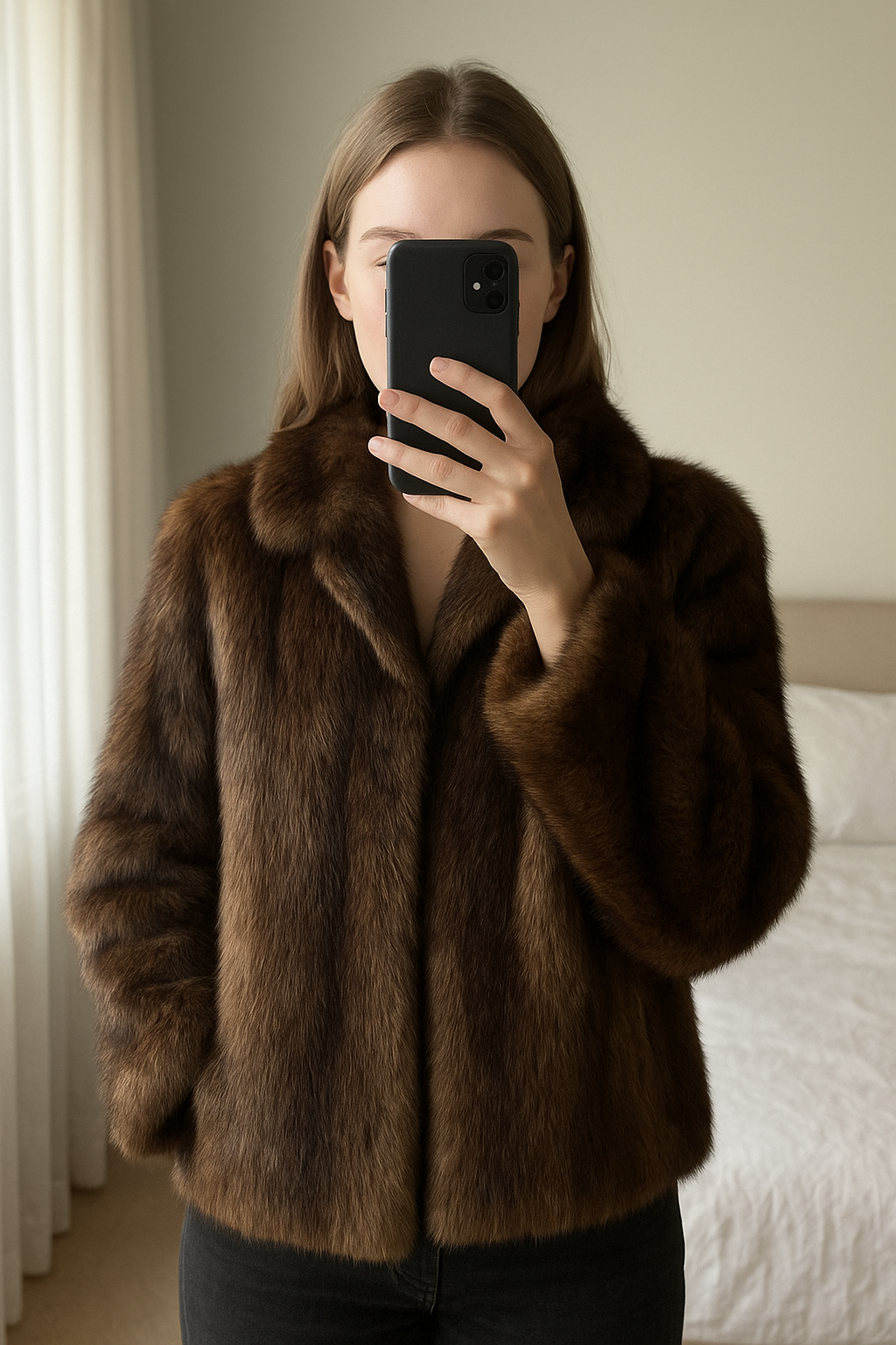 M/42 Italia in piedi, rivolto verso la fotocamera, in una camera da letto con luce soffusa e luce naturale che filtra dalla finestra.