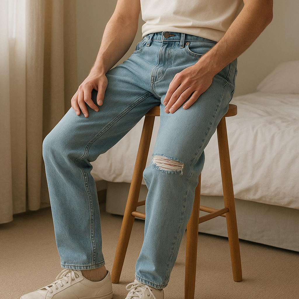 Une personne en Jean délavé coupe slim fit cropped assis sur une chaise haute, avec une posture détendue, avec une silhouette fine, dans une chambre à la lumière douce, avec une lumière naturelle filtrant par la fenêtre.