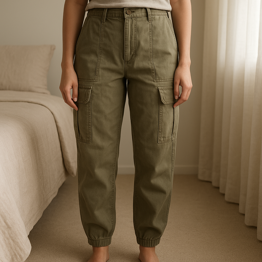 Pantalone donna in piedi, rivolto verso la fotocamera, in una camera da letto con luce soffusa e luce naturale che filtra dalla finestra.